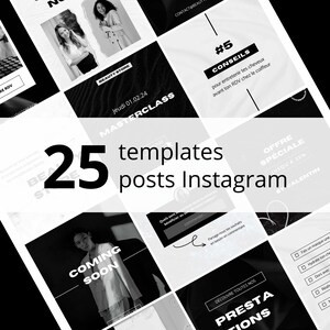Peut inclure: Une collection de 25 modèles de publications Instagram en noir et blanc pour une entreprise de beauté. Les modèles présentent du texte tel que "Masterclass", "Bientôt disponible", "#5 Conseils", "Offre Spéciale" et "Prestations".