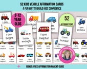 Kids Vehicle Affirmation Cards, 52 Printable Positive Mindset Cards, Digital Download, Motivation Cards, Cars, Tractors, Diggers, Lorries