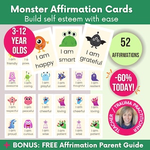Schede di affermazione mostruosa per bambini stampabili, Schede di affermazione positiva per bambini, Schede motivazionali quotidiane, Schede a tema mostro di positività per bambini