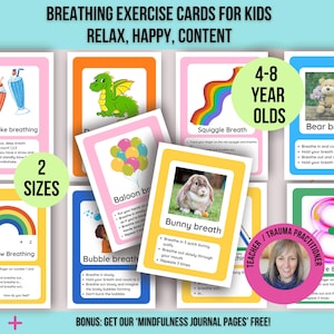 Tarjetas de ejercicios de respiración para niños, calma y alivio del estrés, tarjetas de respiración relajante para niños, recurso para clases de bienestar, tarjeta de seguimiento consciente