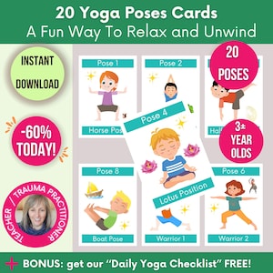 Posturas de yoga para niños, tarjetas de relajación y regulación emocional, tarjetas de yoga para niños, recurso de bienestar para clases de posturas de yoga, yoga consciente para niños