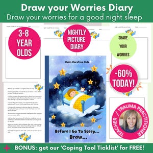 Diario de preocupaciones y emociones para niños por la noche, diario de dibujo antes de irme a dormir, diario de preocupaciones, diario de sueño para niños, expresión de sentimientos