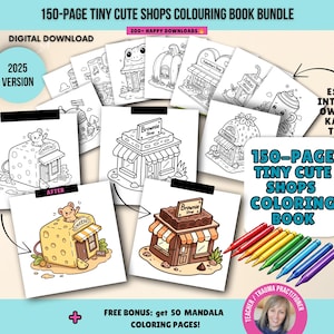 Pack de 150 páginas para colorear de tienditas adorables, páginas para colorear de tienditas, colorear relajante, mini tiendas, libro para colorear imprimible