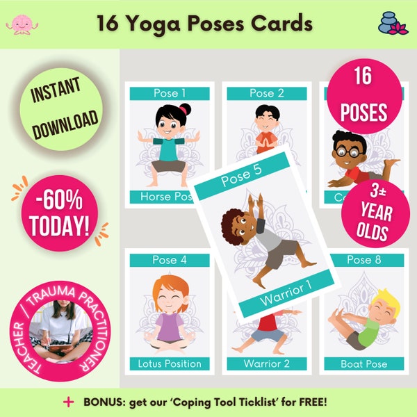 Yoga For Kids And Parents, 16 Fun Yoga Cards For Children, Child Yoga Poses Cards, Yoga Poses Class Wellness Resource, Mindful Yoga For Kids