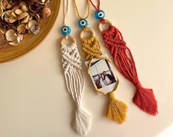 Zawieszka do samochodu ze zdjęciem makramy - Zawieszka do zdjęć makramy - Koralik złego oka - Prezent samochodowy - Duży Akcesorium do lusterka wstecznego - Zawieszka do zdjęć Instax Fujifilm