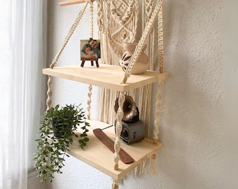 Półka ścienna makrama, półka makrama, dekoracja ścienna, dekoracja ścienna, półka makrama, wystrój boho, dwupoziomowa półka ścienna, wiszące półki na rośliny