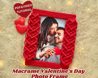 Makrama PDF+VIDEO, samouczek dotyczący ramki makramy na Walentynki, ramka na zdjęcia makramy DIY, Walentynki, prezent walentynkowy makramy, prezenty makramy