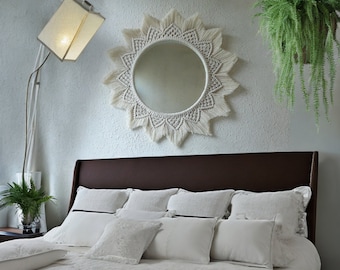 Ręcznie robione duże lustro makramowe, lustro do zawieszenia na ścianie, wystrój domu, prezent na nowy dom, wystrój salonu, duże lustro makramowe, prezent na Dzień Matki
