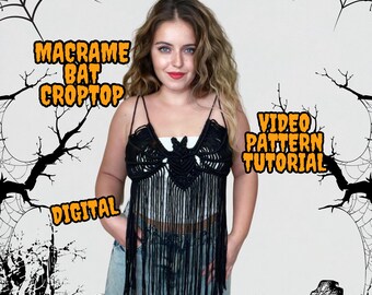 WIDEO Z WZORAMI MAKRAMY, Makrama na Halloween w formacie PDF, Halloween w formacie PDF, Makrama w formie krótkiego topu z nietoperza, Makrama w kostiumie na Halloween, Instrukcja wideo
