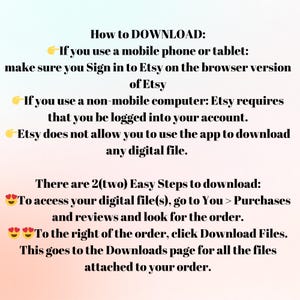 Op de afbeelding: Een digitale downloadgids met instructies over het downloaden van bestanden van Etsy. De tekst staat in zwarte letters op een gradi&euml;ntachtergrond van lichtblauw, roze en wit. De gids biedt stappen voor mobiele en niet-mobiele gebruikers.