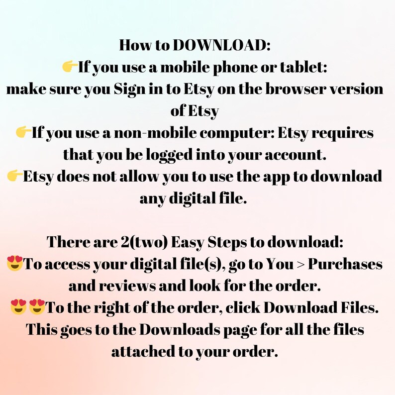 Op de afbeelding: Een digitale downloadgids met instructies over het downloaden van bestanden van Etsy. De tekst staat in zwarte letters op een gradi&euml;ntachtergrond van lichtblauw, roze en wit. De gids biedt stappen voor mobiele en niet-mobiele gebruikers.