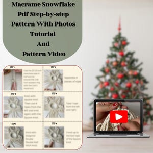 Peut inclure: Un t&eacute;l&eacute;chargement num&eacute;rique pour un mod&egrave;le de flocon de neige en macram&eacute; avec des instructions &eacute;tape par &eacute;tape et des photos. Le mod&egrave;le comprend un tutoriel vid&eacute;o. L'image montre l'&eacute;cran d'un ordinateur portable affichant une vid&eacute;o d'une main faisant un flocon de neige en macram&eacute;.