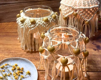 Zestaw trzech świeczników makramowych, słoik na świece makramowe, podgrzewacz makramowy, latarnia makramowa, latarnia na świece makramowe, makramowy boho, prezent do domu