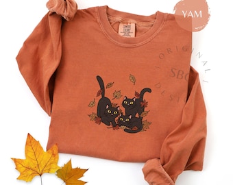 Black Cats Playing Fall TShirt, Autumn Leaves Comfort Colors Long Sleeve Shirt, Cat Lover Gift, Cat Mom Fall Long Sleeve Shirt