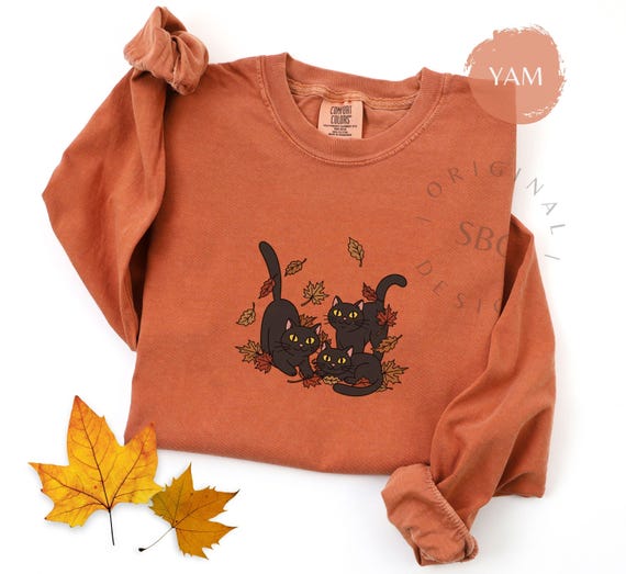 Black Cats Playing Fall TShirt, Autumn Leaves Comfort Colors Long Sleeve Shirt, Cat Lover Gift, Cat Mom Fall Long Sleeve Shirt