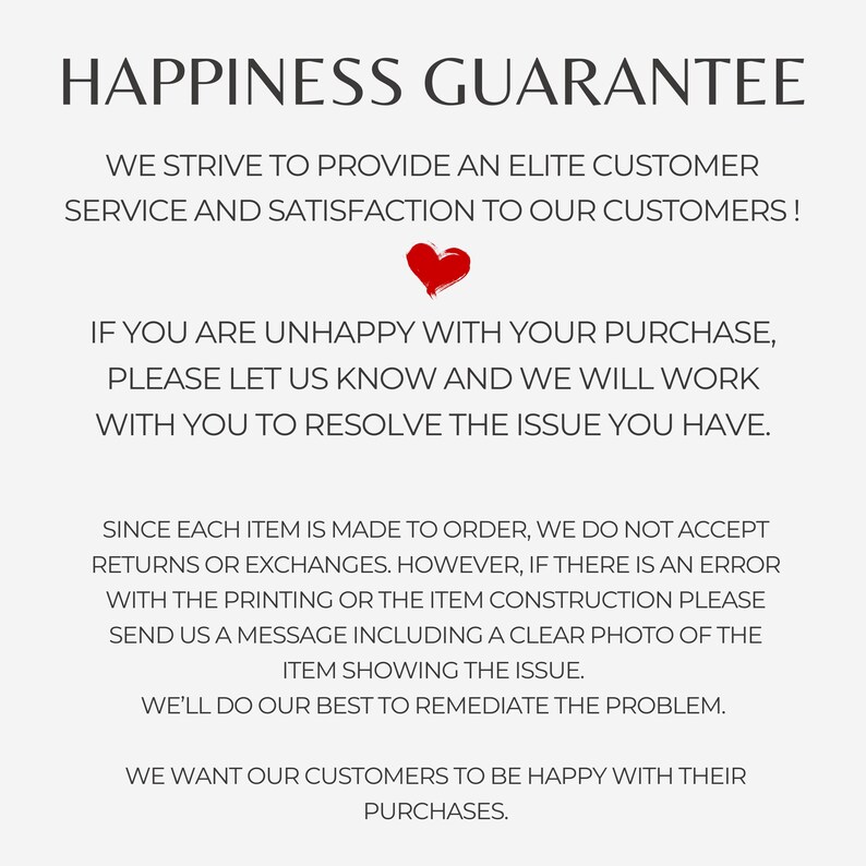Puede incluir: Fondo blanco con texto negro: "GARANT&Iacute;A DE FELICIDAD". El texto explica el servicio al cliente, la satisfacci&oacute;n y el proceso para resolver problemas con las compras. Se incluye un gr&aacute;fico de coraz&oacute;n rojo.