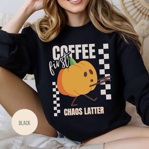 Vintage Sleepwalking Pumpkin Coffee Lover Sweatshirt, Coffee First Chaos Latter Autumn Crewneck Shirt, Cozy Graphic Sweat Shirts for Women