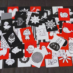 56x hoog contrast baby Montessori sensorische kaarten (0+ maanden), contrast sensorische flashcards (zwart wit + rood), ontwikkeling van het zicht van pasgeboren baby's