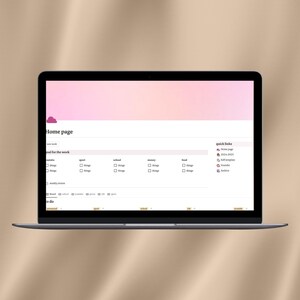 Peut inclure: Un écran d'ordinateur portable affichant un site Web avec un fond dégradé rose. Le site Web est intitulé "Page d'accueil" et présente une section pour "Objectifs de la semaine" avec des cases à cocher pour différentes catégories, notamment "Personnel", "Travail", "Sport", "École", "Argent" et "Nourriture". Le site Web comprend également une section pour "Liens rapides" avec des liens vers "Page d'accueil", "2024-2025", "Ajouter des modèles", "YouTube" et "Archives".