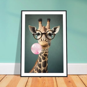 Funny Art Print: Bubble Gum Giraffe - Framed Poster, Funny Animal Art, Cool and Modern, Humorous, Teens room or Bedroom