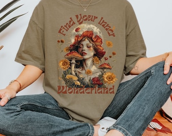 Boho Mushroom Woman Shirt: Komfortfärger Retro Graphic T-shirt