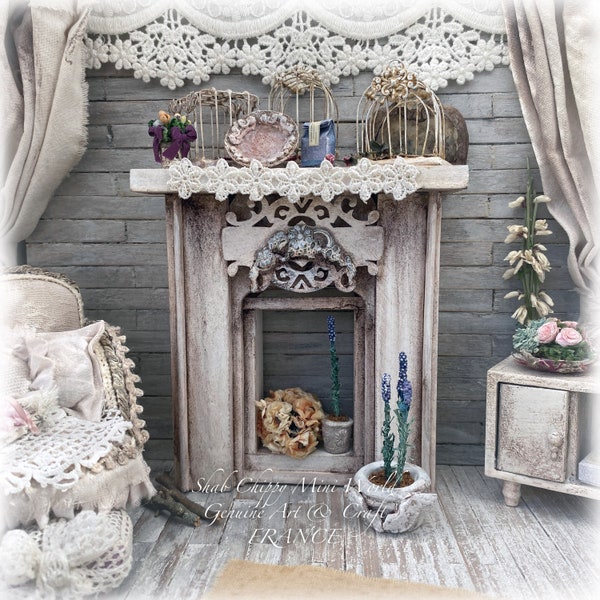 VALENTINE - Cheminée haute, manteau de cheminée, âtre style Provence Tradition - Mobilier Miniature - Shabby Chic - Dollhouse 1/12e - OOAK