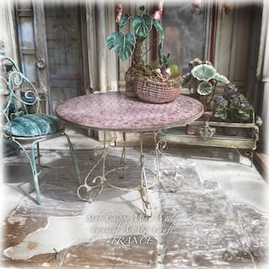 FARIGOULO - Old wrought iron and ceramic mosaic table, Provence style - Miniature furniture - Shabby Chic - Dollhouse 1/12th - OOAK