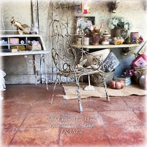 September - Wrought iron garden lounge style armchair, Provence Pays D&#39;AIX style seat - Mini Furniture - Shabby Chic - Dollhouse 1/12th - OOAK