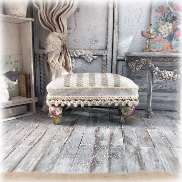 Aubagne - Banc toile transat, repose pied, siège, Style Provence bord de mer - Mobilier Miniature - Shabby Chic - Dollhouse 1/12e - OOAK