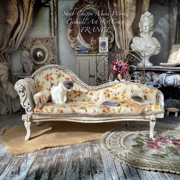 Provençalissime - Daybed, traditional fabric upholstered seat - Seat - Miniature Furniture - Shabby Chic - Dollhouse 1/12th - OOAK