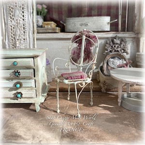 Wrought iron children&#39;s chair, Provence Pays D&#39;AIX style seat - Miniature furniture - Shabby Chic - Dollhouse 1/12th - OOAK