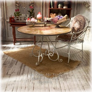 Camargue - Old wooden and wrought iron table, Provence style, with illustrated top - Miniature furniture - Shabby Chic - Dollhouse 1/12th - OOAK