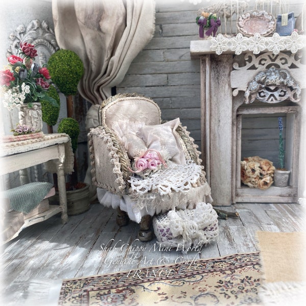 VALENTINE - Fauteuil campagne chic avec accessoires style Provence Pays D'AIX - Mobilier Miniature - Shabby Chic - Dollhouse 1/12e - OOAK