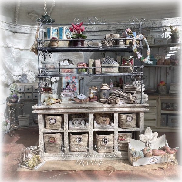 Giboulées de MARS - Comptoir bois îlot central style Provençal type fer forgé - Mobilier miniature - Shabby Chic - Dollhouse 1/12e - OOAK