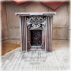 Romance - Large fireplace, mantelpiece, hearth with wrought iron fire screen - Miniature Furniture - Shabby Chic - Dollhouse 1/12th - OOAK