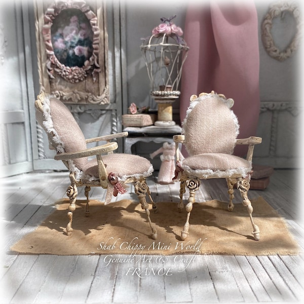 Côte d'Azur - Fauteuil romantique, siège chaise type brocante  style Provence - Mobilier Miniature - Shabby Chic - Dollhouse 1/12e - OOAK