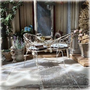 ÉTERNEL - Wrought iron love chair, Provence style loveseat Pays D&#39;AIX - Mini furniture - Shabby Chic - Dollhouse 1/12th - OOAK