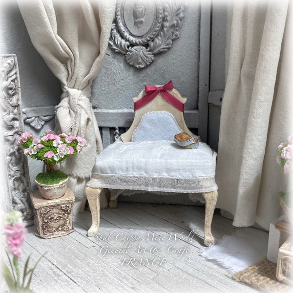 May at Sainte BAUME - Small entrance bench with low back, Provence style chair - Miniature Furniture - Shabby Chic - Dollhouse 1/12th - OOAK