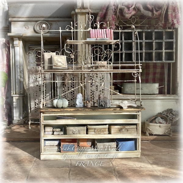 Panetière "fer forgé"sur comptoir avec accessoires et boites biscuits type zinc - Mobilier Provence - Shabby Chic - Dollhouse 1/12e - OOAK