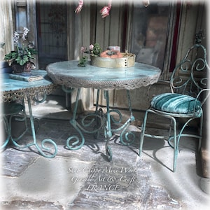 FARIGOULO - Old wooden and wrought iron table, Provence style, with marble top - Miniature furniture - Shabby Chic - Dollhouse 1/12th - OOAK
