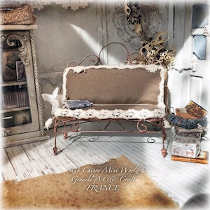 Flea market - Small wrought iron bench in traditional Provence style - Miniature furniture - Shabby Chic - Dollhouse 1/12th - OOAK