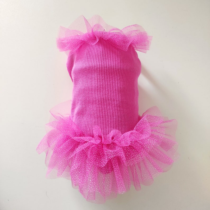 Peut inclure: Une robe rose vif pour chien avec un corsage c&ocirc;tel&eacute; et une jupe en tulle superpos&eacute;e. Le tulle a un motif &agrave; pois. La robe comporte &eacute;galement un col &agrave; volants. Ce v&ecirc;tement pour animaux de compagnie est con&ccedil;u pour les petits chiens.