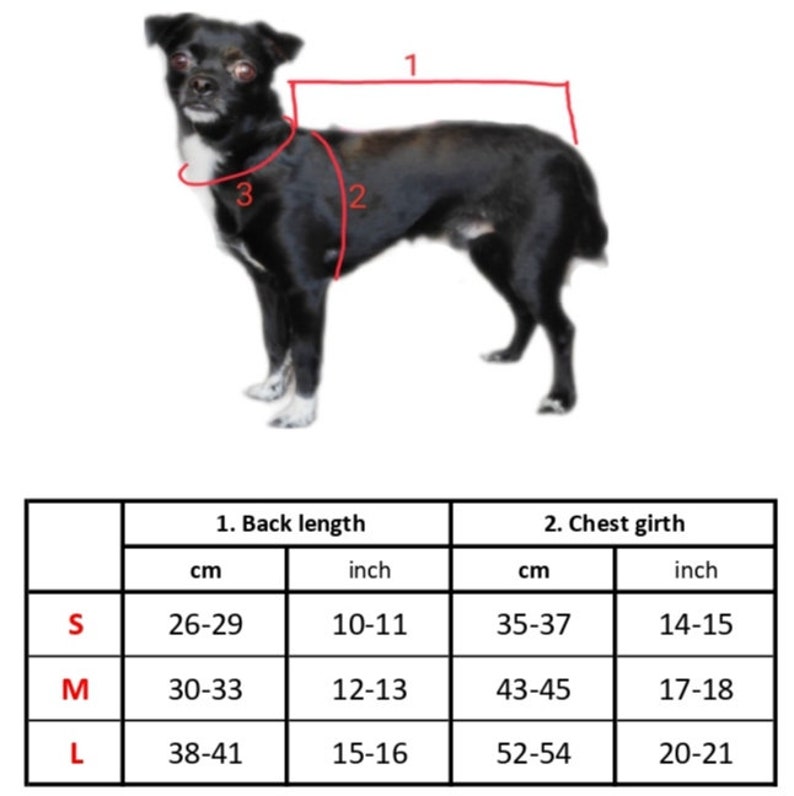Peut inclure: Un chien noir avec des lignes rouges indiquant les mesures de la longueur du dos et du tour de poitrine. Un tableau des tailles ci-dessous indique les mesures en cm et en pouces pour les tailles S, M et L.