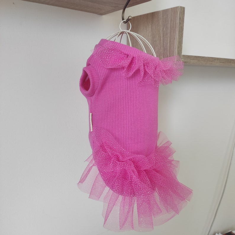 Peut inclure: Une robe rose vif pour chien avec un corsage c&ocirc;tel&eacute; et une jupe en tulle superpos&eacute;e. La robe pr&eacute;sente une bordure en tulle &agrave; volants autour de l'encolure et une petite &eacute;tiquette blanche. La robe est suspendue &agrave; un cintre en fil de fer blanc.