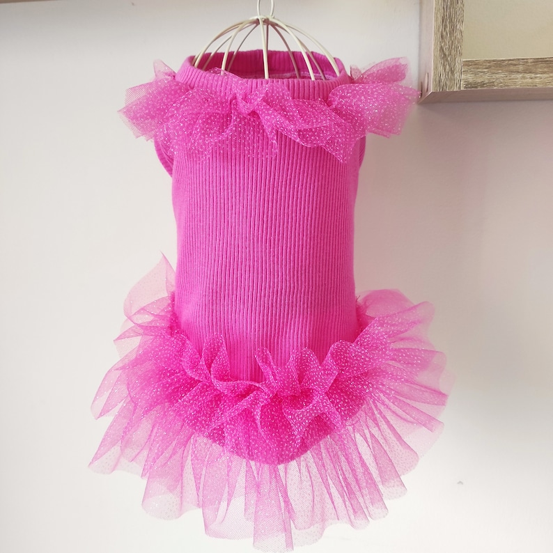 Peut inclure: Une robe rose vif pour chien, avec un corsage c&ocirc;tel&eacute; et une jupe en tulle superpos&eacute;e. La robe est orn&eacute;e d'une bordure en tulle scintillant autour de l'encolure et de la jupe. Le v&ecirc;tement est pr&eacute;sent&eacute; sur un cintre m&eacute;tallique.