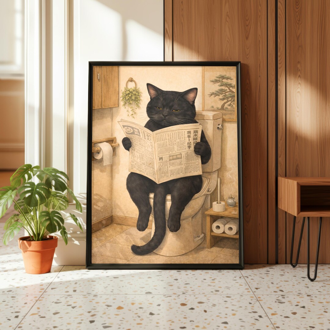 Japandi Cat Toilet Wall Art | Funny Black Cat Reading Newspaper Print ...