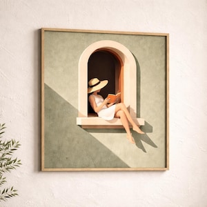 Op de afbeelding: Een ingelijst kunstwerk toont een persoon in een witte jurk en zonnehoed, zittend in een raam en een boek lezend. Het raam is gebogen en geschilderd in beige en groene tinten, met een houten frame. Het kunstwerk roept een gevoel van vrije tijd en ontspanning op.