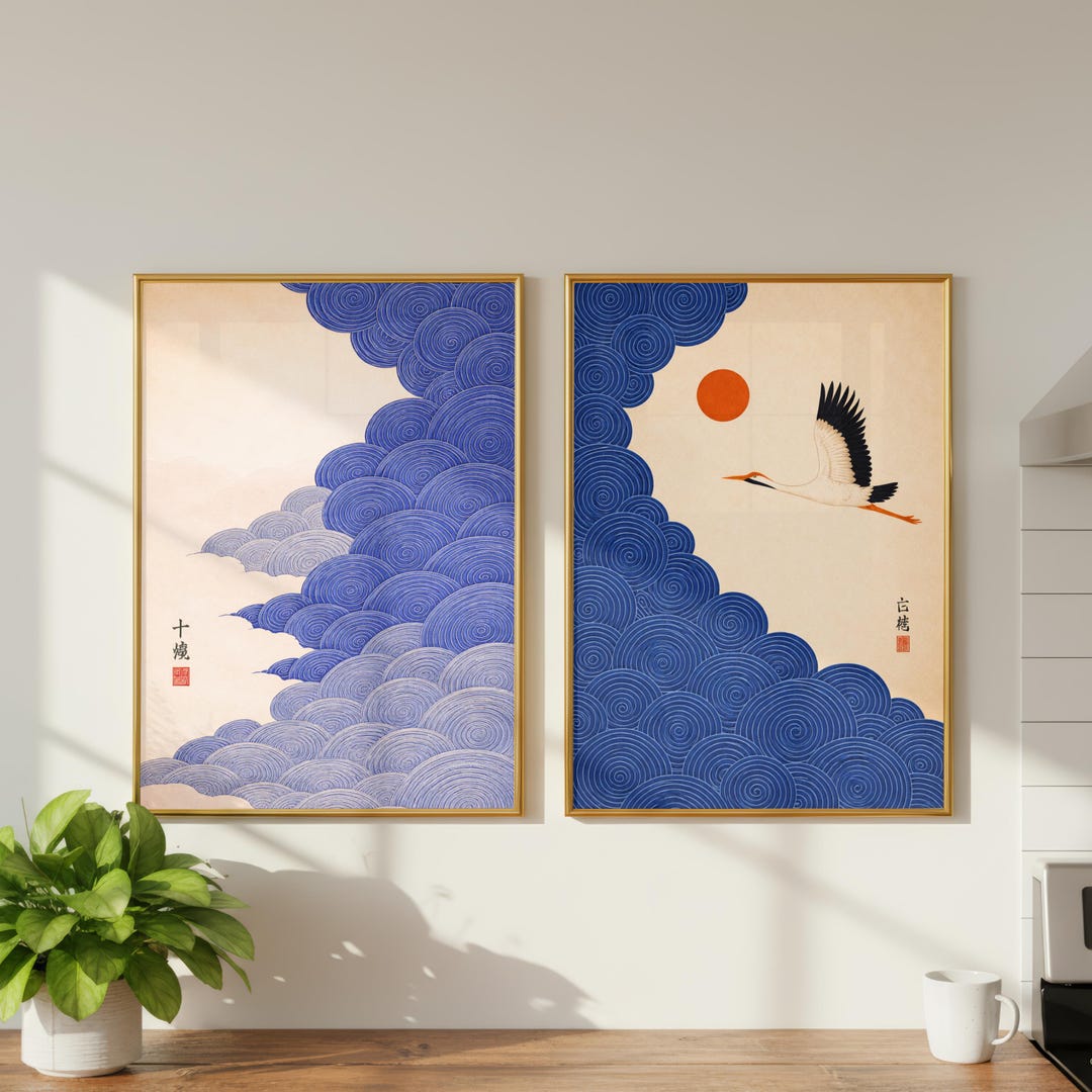Japandi Crane Wall Art Set of 2 | Royal Blue Japanese Woodblock Print ...