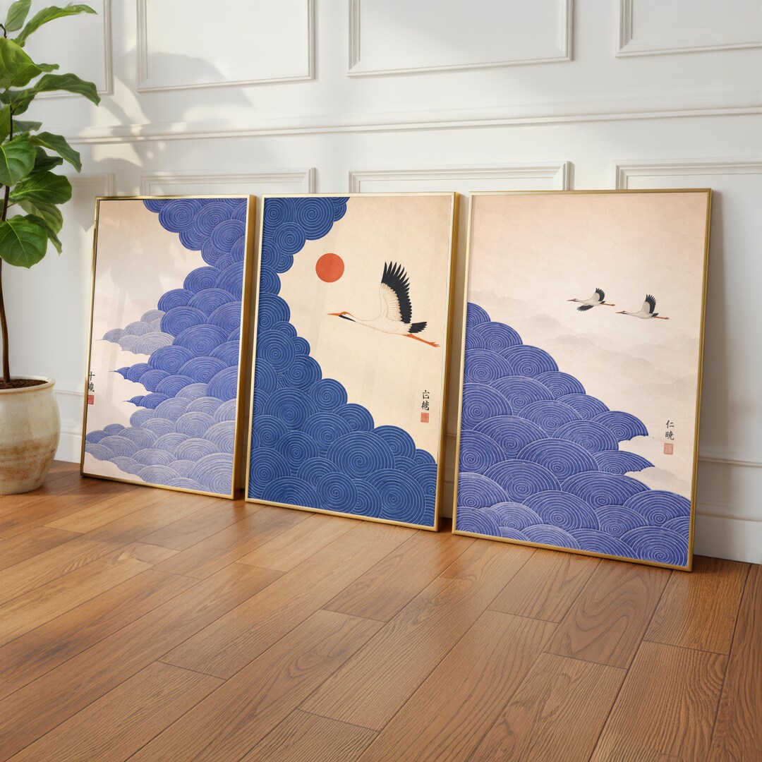 Japandi Crane Wall Art Set of 3 | Royal Blue Japanese Woodblock Print ...
