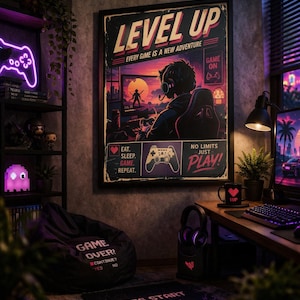 Gaming Poster Level Up / Retro Gamer Wall Art, Neon Gaming Room Decor, Gift for Gamers, Gaming Setup Wall Art, Vintage Gaming Print
